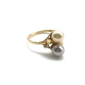 14k Solid Yellow Gold Double Pearl Diamond Accent Band Ring Size 6